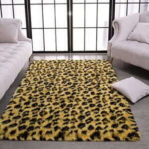 ecober premium fluffy leopard print rug, shaggy leopard rugs for bedroom living room kids western home, soft decorative animal printed carpet, 4x6 feet khaki black