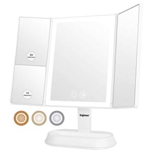 makeup mirror with lights - 3 color lighting modes,60 led lighted cosmetic mirror,1x 5x 7x magnification, touch screen,90 degree adjustable rotation, dual power supply, portable trifold mirror