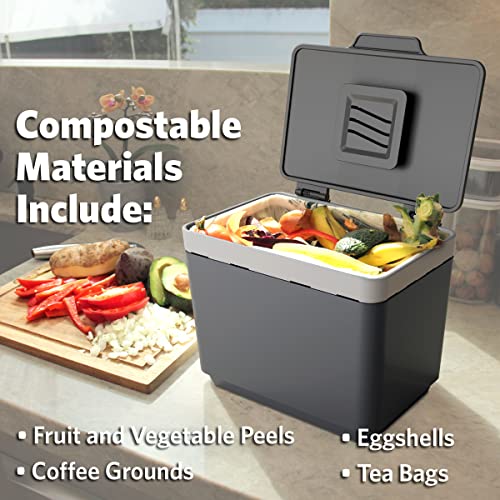 GLAD Compost Bin for Kitchen, 1.5 Gallon | Plastic Container with Removable Inner Basket, Bag Storage Holder, and Carbon Odor Blocking Filters, Gray