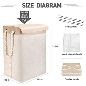 GZMXM Laundry Basket Hamper with Lid and a Removable Bag 72L Large Collapsible Laundry Baskets Dirty Clothes Hamper with Detachable Rods, Foldable Washing Bin for Clothes and Toys - Beige