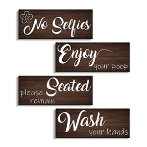 bathroom rules wall decor 4 panels funny quote wood wall sign rustic farmhouse vintage print wooden plaque toilet decorative ready to hang (10"x4" x 4, bn)