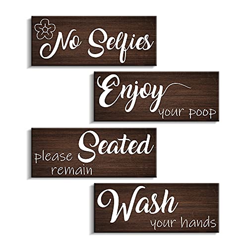 Bathroom Rules Wall Decor 4 Panels Funny Quote Wood Wall Sign Rustic Farmhouse Vintage Print Wooden Plaque Toilet Decorative Ready to Hang (10"x4" x 4, BN)