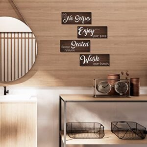 Bathroom Rules Wall Decor 4 Panels Funny Quote Wood Wall Sign Rustic Farmhouse Vintage Print Wooden Plaque Toilet Decorative Ready to Hang (10"x4" x 4, BN)