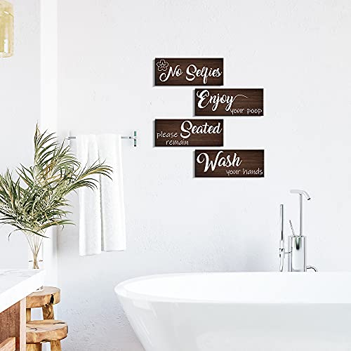 Bathroom Rules Wall Decor 4 Panels Funny Quote Wood Wall Sign Rustic Farmhouse Vintage Print Wooden Plaque Toilet Decorative Ready to Hang (10"x4" x 4, BN)