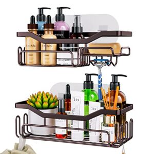 hapirm adhesive shower caddy shower organizer shelf build in shampoo holder, no drilling rust proof stainless steel shower storage rack with 11 hooks for hanging shower ball and razor- bronze