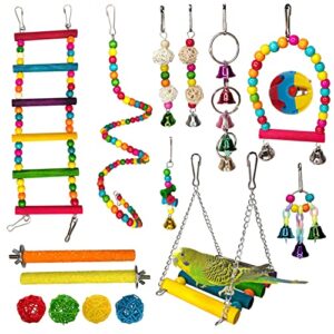 hamiledyi parakeets bird swing toy set, 16pcs bird hanging colorful chewing toys, parakeets standing climbing ladder hammock bells, cockatiels perches for budgie finches