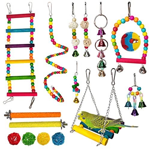 Hamiledyi Parakeets Bird Swing Toy Set, 16PCS Bird Hanging Colorful Chewing Toys, Parakeets Standing Climbing Ladder Hammock Bells, Cockatiels Perches for Budgie Finches