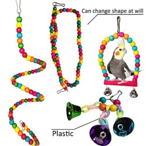 Hamiledyi Parakeets Bird Swing Toy Set, 16PCS Bird Hanging Colorful Chewing Toys, Parakeets Standing Climbing Ladder Hammock Bells, Cockatiels Perches for Budgie Finches