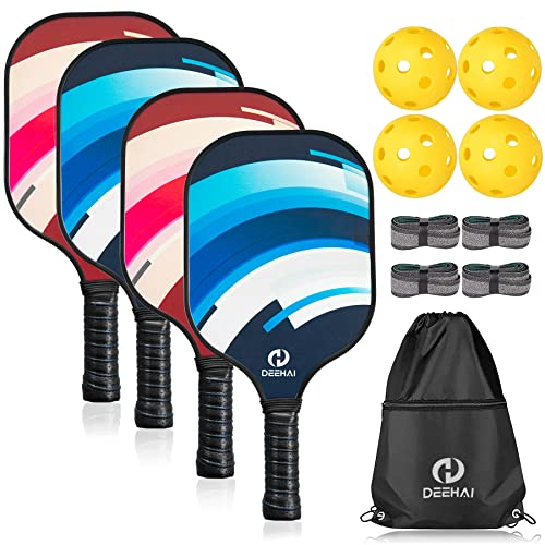 DeeHai Pickleball Paddles Pickleball Set Pickleball Rackets, Quiet Pickleball Raquette Set of 4 with 1 Portable Pickleball Bag, 4 Pickleball Balls & 4 Grip Tapes, Polypropylene Honeycomb Core