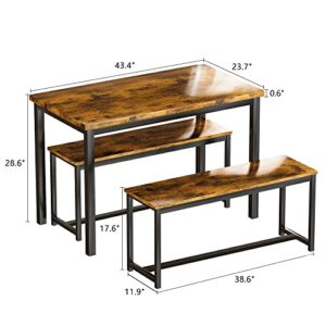 AWQM Dining Table Set with Two Benches, Kitchen Table Set for 4-6 Persons, Kitchen Table of 43.4 x 23.7 x 28.6 Inches, Bench of 38.6 x 11.9 x 17.6 Inches Each, Rustic Brown and Black