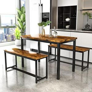 AWQM Dining Table Set with Two Benches, Kitchen Table Set for 4-6 Persons, Kitchen Table of 43.4 x 23.7 x 28.6 Inches, Bench of 38.6 x 11.9 x 17.6 Inches Each, Rustic Brown and Black