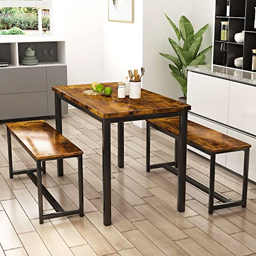 AWQM Dining Table Set with Two Benches, Kitchen Table Set for 4-6 Persons, Kitchen Table of 43.4 x 23.7 x 28.6 Inches, Bench of 38.6 x 11.9 x 17.6 Inches Each, Rustic Brown and Black