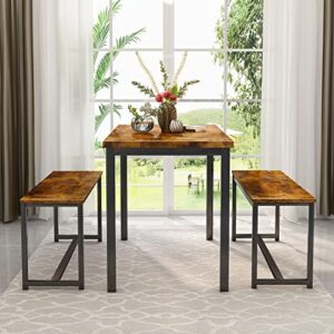 AWQM Dining Table Set with Two Benches, Kitchen Table Set for 4-6 Persons, Kitchen Table of 43.4 x 23.7 x 28.6 Inches, Bench of 38.6 x 11.9 x 17.6 Inches Each, Rustic Brown and Black