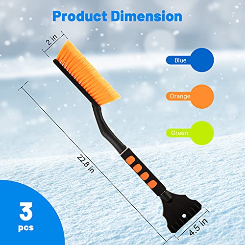 3 Pieces Snow Scraper for Car Detachable Ice Scraper and Brush with Foam Grip Detachable Snow Mover No Scratch for Winter Cars Windshield Trucks SUVs, Green Orange Blue