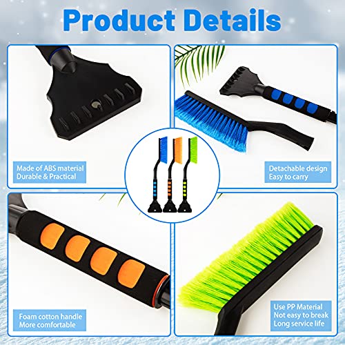 3 Pieces Snow Scraper for Car Detachable Ice Scraper and Brush with Foam Grip Detachable Snow Mover No Scratch for Winter Cars Windshield Trucks SUVs, Green Orange Blue