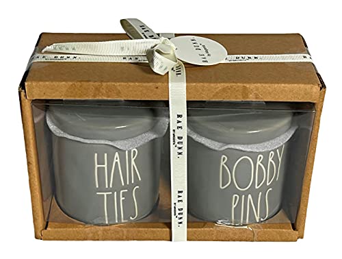 Rae Dunn Gray Hair Ties & Bobby PINS Canisters w/Loop Lid on Top Bathroom Accessory Vanity