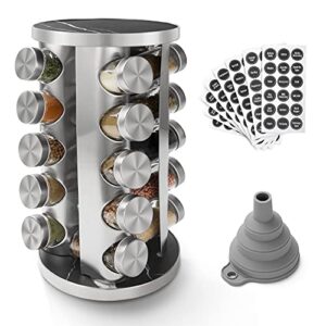 rotating spice rack organizer with 20 empty spice jars, 135 spice labels with funnel complete set, seasoning organizer for cabinet, revolving spice rack for countertop