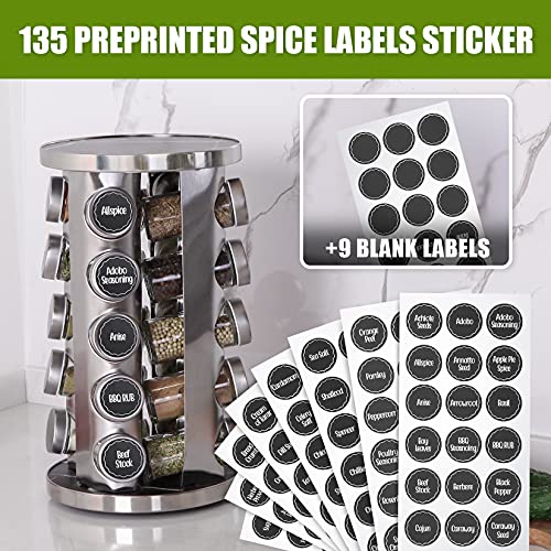 Rotating Spice Rack Organizer with 20 Empty Spice Jars, 135 Spice Labels with Funnel Complete Set, Seasoning Organizer for Cabinet, Revolving Spice Rack for Countertop