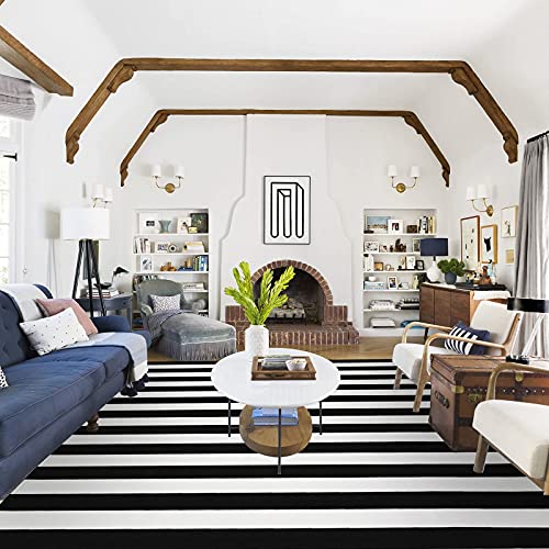 Ckorzen Cotton Black and White Striped Rug 8x10 Reversible Hand-Woven Washable Retro Lattice Striped Outdoor Rugs Black and White Area Rug for Kitchen, Dining Room, Bedroom, Living Room