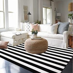 Ckorzen Cotton Black and White Striped Rug 8x10 Reversible Hand-Woven Washable Retro Lattice Striped Outdoor Rugs Black and White Area Rug for Kitchen, Dining Room, Bedroom, Living Room