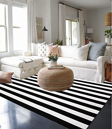 Ckorzen Cotton Black and White Striped Rug 8x10 Reversible Hand-Woven Washable Retro Lattice Striped Outdoor Rugs Black and White Area Rug for Kitchen, Dining Room, Bedroom, Living Room