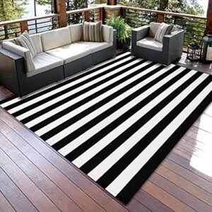 Ckorzen Cotton Black and White Striped Rug 8x10 Reversible Hand-Woven Washable Retro Lattice Striped Outdoor Rugs Black and White Area Rug for Kitchen, Dining Room, Bedroom, Living Room