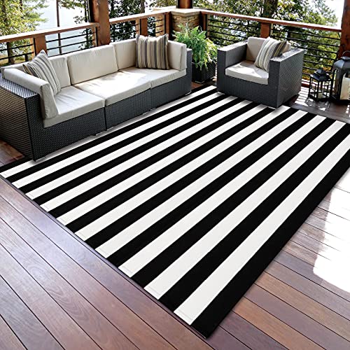 Ckorzen Cotton Black and White Striped Rug 8x10 Reversible Hand-Woven Washable Retro Lattice Striped Outdoor Rugs Black and White Area Rug for Kitchen, Dining Room, Bedroom, Living Room