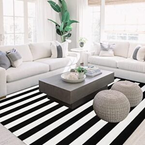 Ckorzen Cotton Black and White Striped Rug 8x10 Reversible Hand-Woven Washable Retro Lattice Striped Outdoor Rugs Black and White Area Rug for Kitchen, Dining Room, Bedroom, Living Room