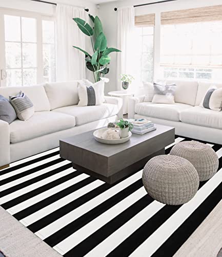 Ckorzen Cotton Black and White Striped Rug 8x10 Reversible Hand-Woven Washable Retro Lattice Striped Outdoor Rugs Black and White Area Rug for Kitchen, Dining Room, Bedroom, Living Room