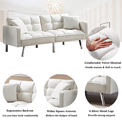 Velvet Futon Sofa Bed with Two Pillows, Convertible Sleeper Sofa Couch with 3 Angle Adjustable Backrest, Modern Loveseat with 6 Metal Legs for Living Room, Bedroom (White)