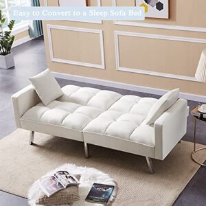 Velvet Futon Sofa Bed with Two Pillows, Convertible Sleeper Sofa Couch with 3 Angle Adjustable Backrest, Modern Loveseat with 6 Metal Legs for Living Room, Bedroom (White)