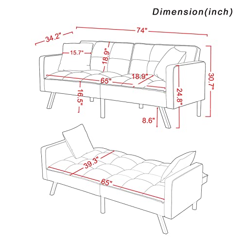 Velvet Futon Sofa Bed with Two Pillows, Convertible Sleeper Sofa Couch with 3 Angle Adjustable Backrest, Modern Loveseat with 6 Metal Legs for Living Room, Bedroom (White)