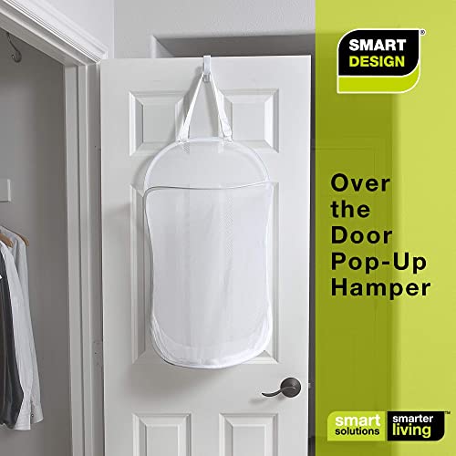 Smart Design Deluxe Over The Door Mesh Pop Up Laundry Hamper with Hook and Adjustable Strap - Set of 2 - Holds 3 Loads - College, Kids Bedroom Storage, Towel Basket Bag - 17 x 28 Inch - White