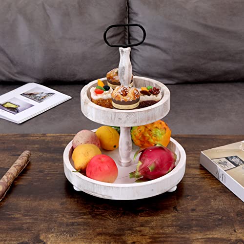 SWT8CAI 2 Tier Tray Rustic Cake Stand Farmhouse Kitchen Decor Centerpiece,Farmhouse 2 Tier Serving Tray for Coffee Bar w/Handle&1 Coaster