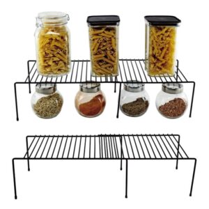 comelyjewel 2sets /pack black expandable cabinet household storage shelf rack steel metal wire counter & pantry home kitchen bathroom extendable countertop organizer organization