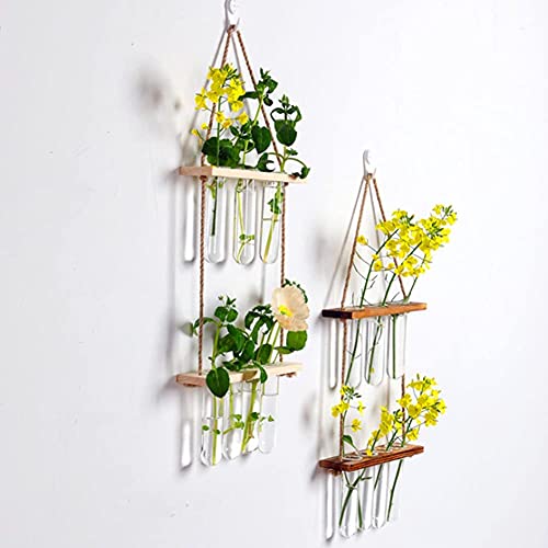 Wall Hanging Planter, 2 Tiered Plant Propagation Stations Plant Terrarium with Wooden Stand, Glass Planter Test Tube Vase for Propagating Hydroponic Plants Home Decor