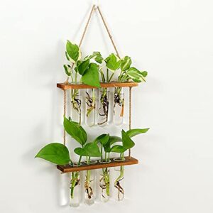 Wall Hanging Planter, 2 Tiered Plant Propagation Stations Plant Terrarium with Wooden Stand, Glass Planter Test Tube Vase for Propagating Hydroponic Plants Home Decor