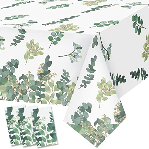 Eucalyptus Leaf Tablecloth 3pcs Sage Green Tablecloth Sage Green Baby Shower Decorations Eucalyptus Leaves Sage Greenery Plastic Table Covers for Neutral Green Baby Shower, Birthday, Wedding Decor