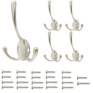 raycloud 5 pack triple robe hook coat hooks wall mounted for hat towel clothes, three prongs retro coats hangers hardware zinc alloy hook for farmhouse mudroom, silver