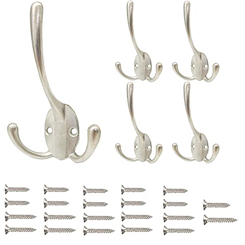 RAYCLOUD 5 Pack Triple Robe Hook Coat Hooks Wall Mounted for Hat Towel Clothes, Three Prongs Retro Coats Hangers Hardware Zinc Alloy Hook for Farmhouse Mudroom, Silver