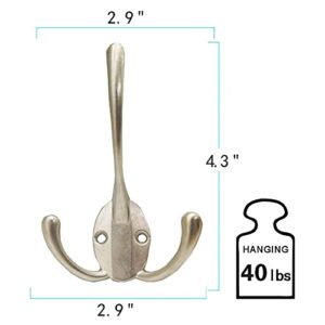 RAYCLOUD 5 Pack Triple Robe Hook Coat Hooks Wall Mounted for Hat Towel Clothes, Three Prongs Retro Coats Hangers Hardware Zinc Alloy Hook for Farmhouse Mudroom, Silver
