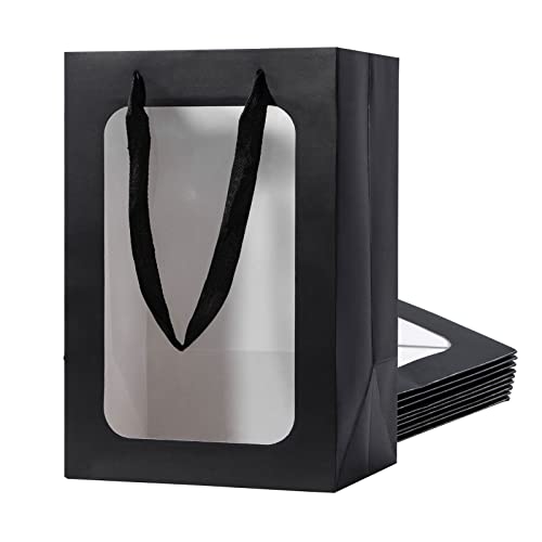 Sdootjewelry Black Gift Bag with Window, 10pcs Window Gift Bags with Handles, 11.8'' × 6.3'' × 7.9'' Gift Bags, Flower Bags for Bouquets