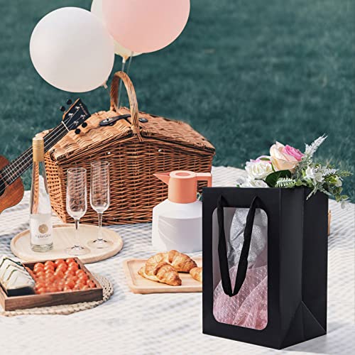 Sdootjewelry Black Gift Bag with Window, 10pcs Window Gift Bags with Handles, 11.8'' × 6.3'' × 7.9'' Gift Bags, Flower Bags for Bouquets