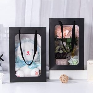 Sdootjewelry Black Gift Bag with Window, 10pcs Window Gift Bags with Handles, 11.8'' × 6.3'' × 7.9'' Gift Bags, Flower Bags for Bouquets