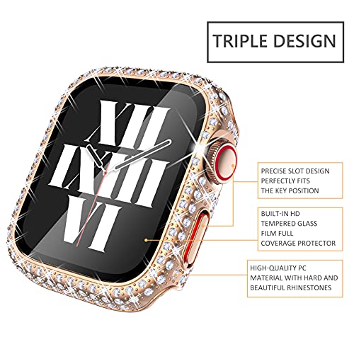 Fullife 3-Pack Crystal Diamond Bling Cases Compatible with Apple Watch 40mm Protective Bumper with Tempered Glass Protector for iWatch Series 6 5 4 SE, Rosegold/Rainbow/Clear