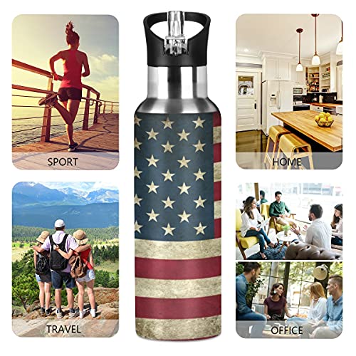 xigua American Flag Water Bottle with Straw Lid Vacuum Insulated Stainless Steel Thermo Flask for Sports Cycling Hiking School Home,20 oz.