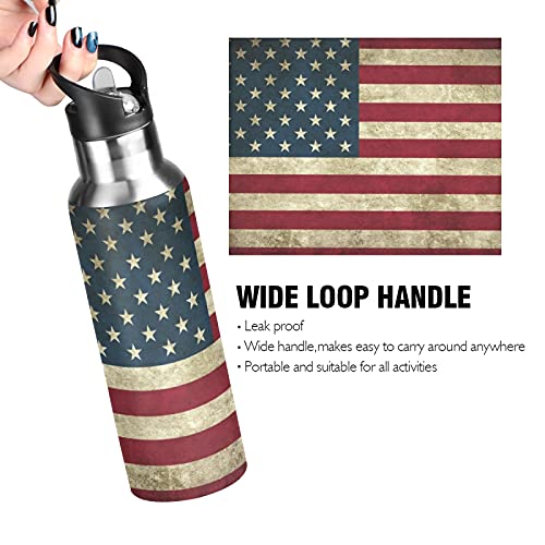 xigua American Flag Water Bottle with Straw Lid Vacuum Insulated Stainless Steel Thermo Flask for Sports Cycling Hiking School Home,20 oz.