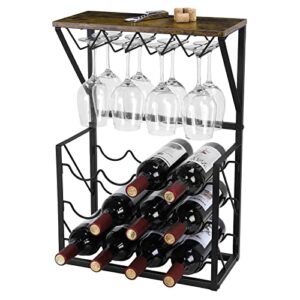 MOOACE Wood Wine Rack, Countertop Wine Storage Stand, Hold 12 Wine Bottles and 8 Glasses, Freestanding Wine Holder Stand for Kitchen, Pantry, Cellar, Bar