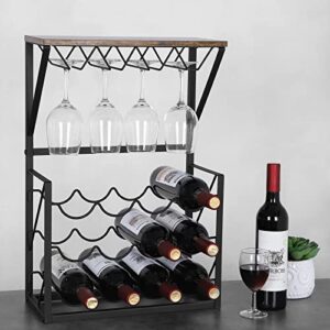 MOOACE Wood Wine Rack, Countertop Wine Storage Stand, Hold 12 Wine Bottles and 8 Glasses, Freestanding Wine Holder Stand for Kitchen, Pantry, Cellar, Bar