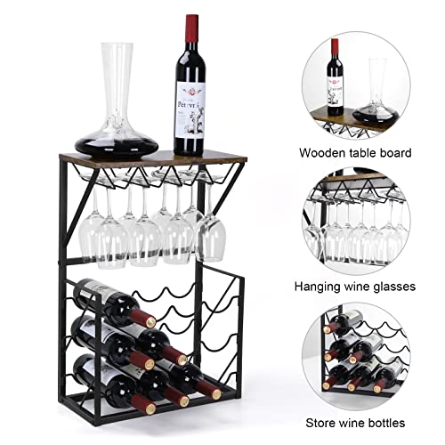 MOOACE Wood Wine Rack, Countertop Wine Storage Stand, Hold 12 Wine Bottles and 8 Glasses, Freestanding Wine Holder Stand for Kitchen, Pantry, Cellar, Bar